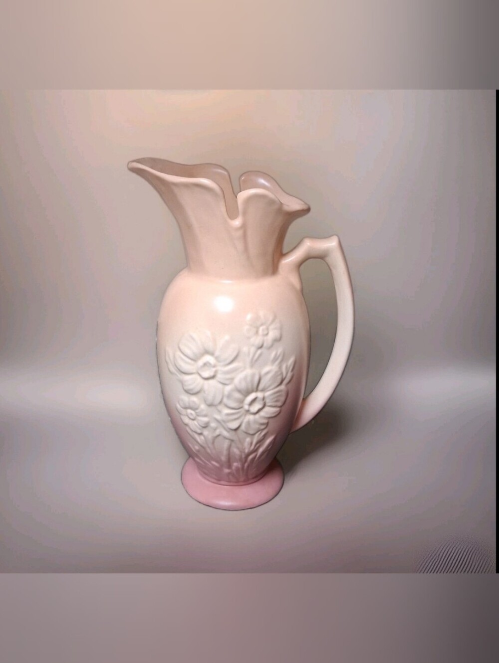 Vintage Hull Art Pottery 1950s Embossed Floral  Pitcher Cream, Pink 66-10